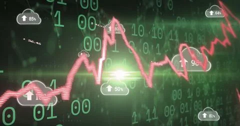 Image of financial data processing with graph and cloud icons on black 写真素材