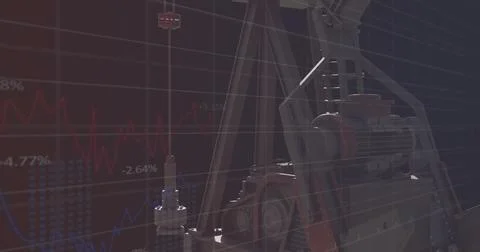 Image of financial data processing with graph over pumpjack on black background 스톡 사진
