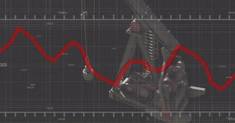 Image of financial data processing with graph over pumpjack on black background Stock Photos