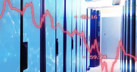 Image of financial data processing with graph over server room Foto stock