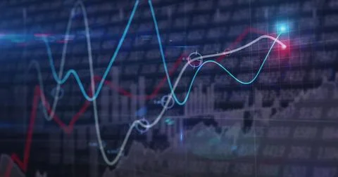 Image of financial data processing with graph on black background Stock Photos