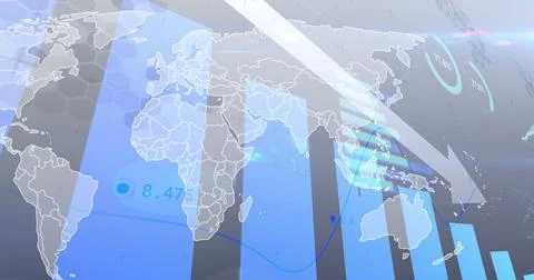 Image of financial data processing with graph over world map on grey background Stock Photos