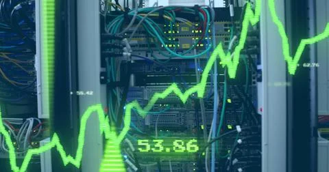 Image of financial data processing with graph and arrows over server room Stock Photos