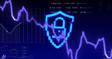 Image of financial data processing with graph and padlock icon on blue Stock Photos