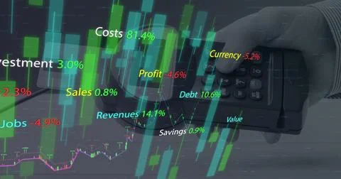Image of financial data processing with graph over hand holding cashier terminal Foto stock