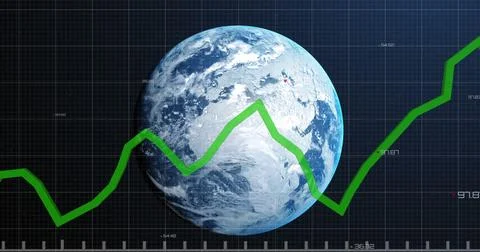 Image of financial data processing with green line over globe イラスト素材