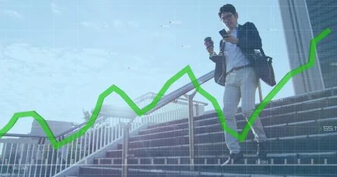 Image of financial data processing with green line over asian businessman Stock Illustration