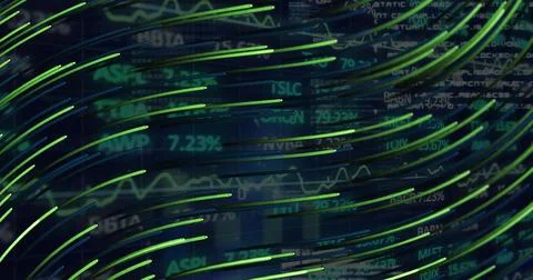 Image of financial data processing with green light trails on digital screen Stock Illustration
