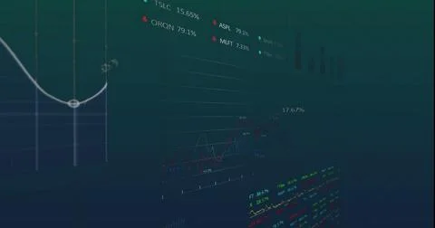 Image of financial data processing on green background Stock Photos