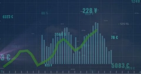 Image of financial data processing with green line and numbers 스톡 사진