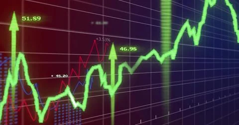Image of financial data processing on grid over dark background Foto stock