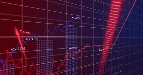 Image of financial data processing on grid over dark background 스톡 사진