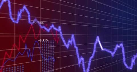 Image of financial data processing on grid over dark background Stock Photos