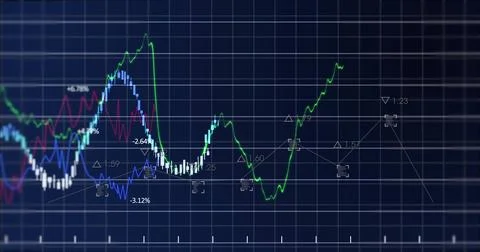Image of financial data processing on grid over black background 스톡 사진