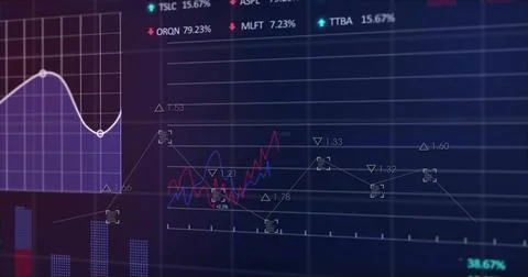 Image of financial data processing on grid over black background Stock Photos