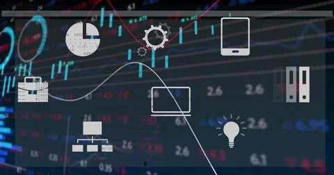 Image of financial data processing with icons on black background 스톡 일러스트