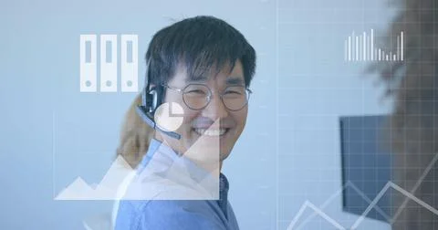 Image of financial data processing with icons over diverse business people Stock Photos