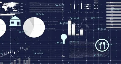 Image of financial data processing with icons on black background Stock Photos