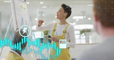 Image of financial data processing with icons over diverse colleagues having Stock Photos