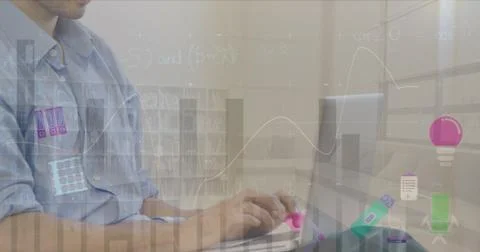 Image of financial data processing, icons and statistics over caucasian man 库存照片