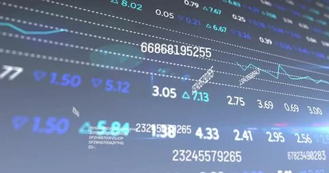 Image of financial data processing with light trails on grey background 스톡 사진