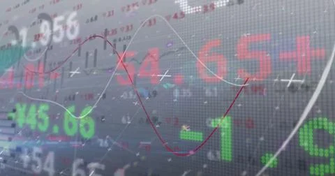 Image of financial data processing with lines moving ondi digital display Stockfoto's