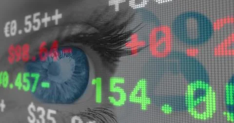 Image of financial data processing with medical icons over woman's eye in 스톡 사진