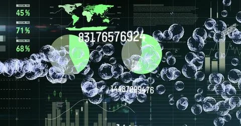 Image of financial data processing numbers changing with floating bubbles イラスト素材