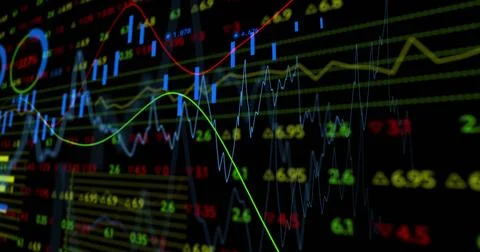 Image of financial data processing with numbers over black background 写真素材