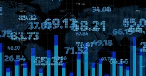 Image of financial data processing with numbers over world map on black Stock Photos
