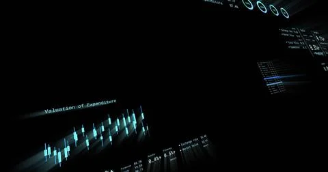 Image of financial data processing with numbers over black background Foto stock