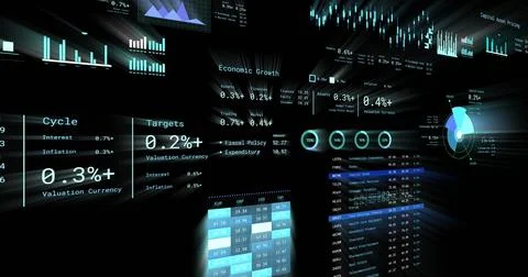 Image of financial data processing with numbers over black background Foto stock