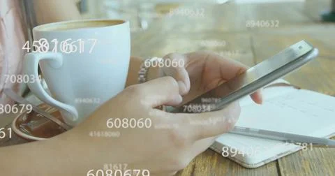 Image of financial data processing, numbers recording over mid section of woman 스톡 사진