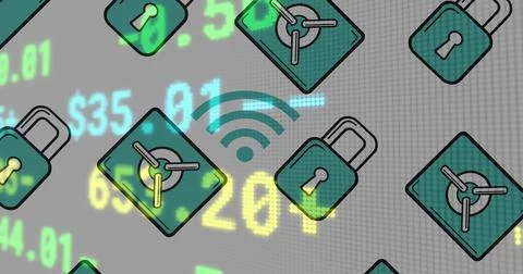 Image of financial data processing with online security icons イラスト素材