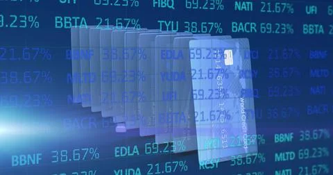 Image of financial data processing over credit cards standing in a row Stock Illustration