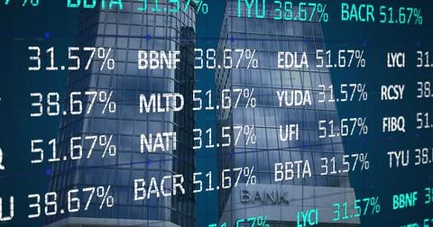 Image of financial data processing over modern bank building Stock Illustration