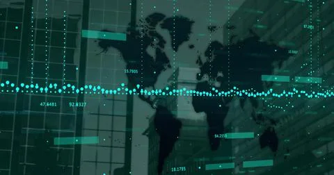 Image of financial data processing over world map and modern office buildings Ilustração Stock