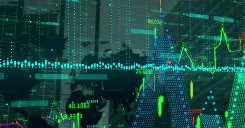Image of financial data processing over world map and modern office buildings Stock Illustration