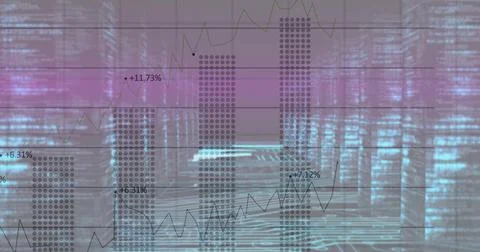 Image of financial data processing over glowing computer servers Illustrazione stock