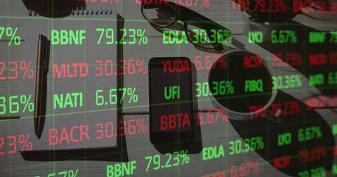 Image of financial data processing over desk with notebook and smartphone Illustrazione stock