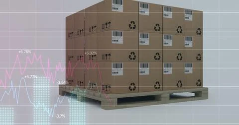 Image of financial data processing over stack of cardboard boxes in background Stock Illustration