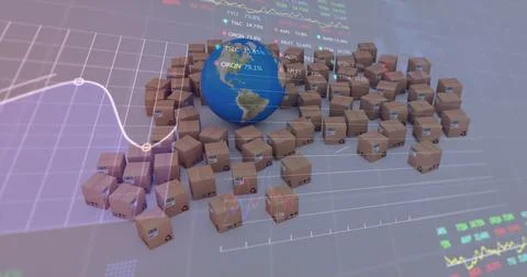 Image of financial data processing over globe and cardboard boxes in background Stock Illustration