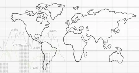 Image of financial data processing over world map on grid on white background Illustrazione stock