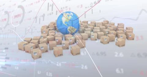 Image of financial data processing over globe and cardboard boxes Illustrazione stock