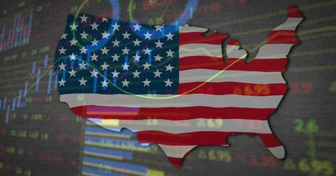 Image of financial data processing over map of usa with american flag Illustrazione stock