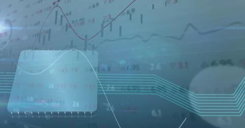 Image of financial data processing over computer chip and glowing links Stock Illustration