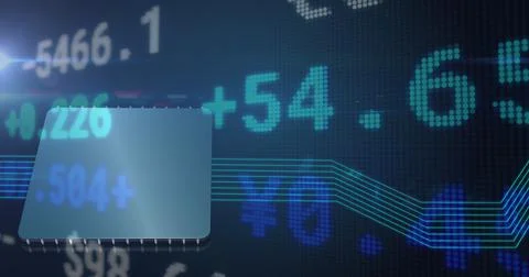 Image of financial data processing over computer chip and blue links Stock Illustration