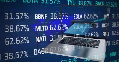 Image of financial data processing over credit card inserted into laptop Ilustração Stock