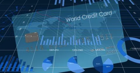 Image of financial data processing over credit card Ilustração Stock