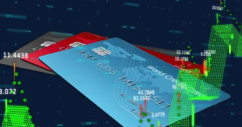 Image of financial data processing over pile of credit cards Ilustração Stock